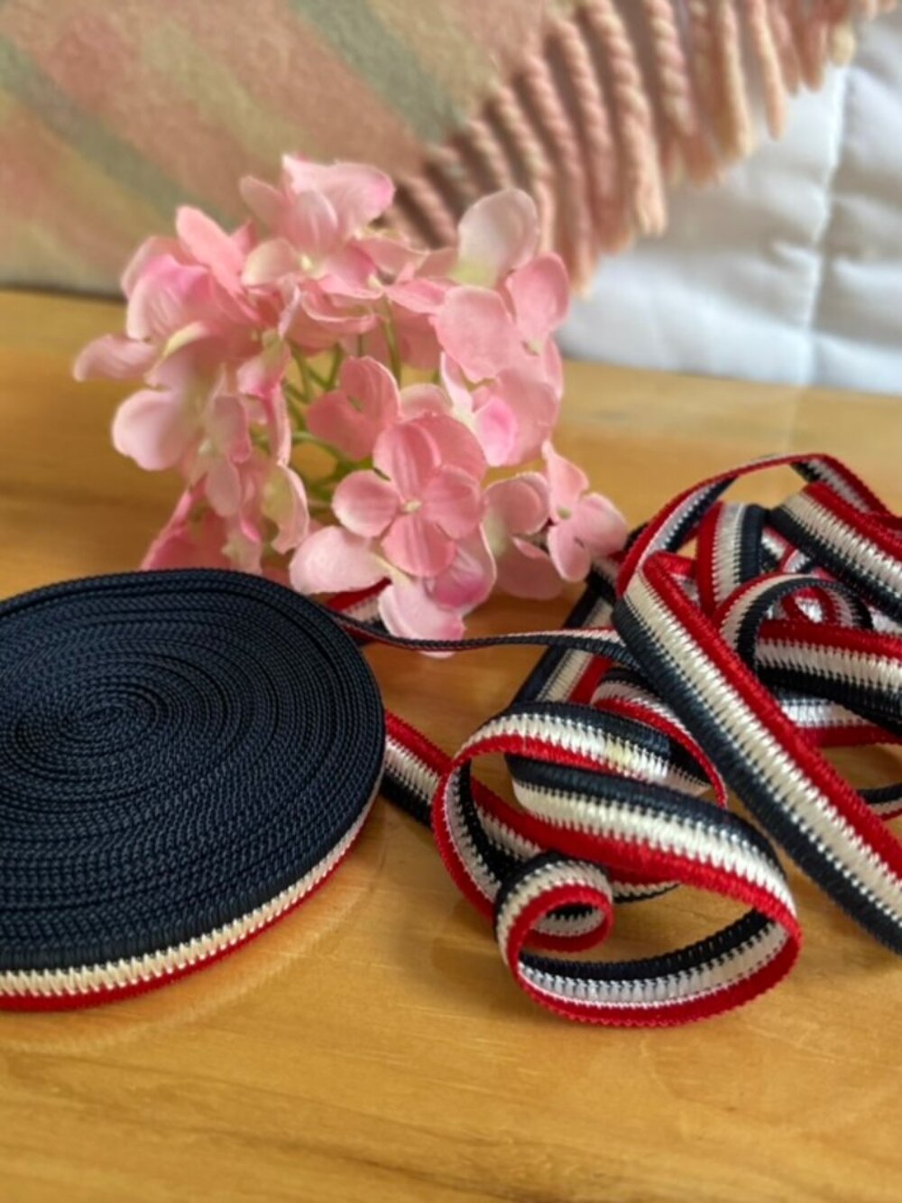 Vintage red, white, and dark navy blue striped rib knit trim 10 yards